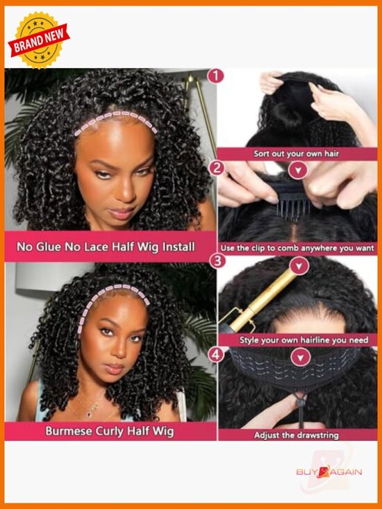 Burmese Curly Half Wig Human Hair 20 Inch 200% Density Glueless Drawstring main image 5